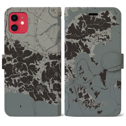 【玉野（岡山県）】地図柄iPhoneケース（手帳タイプ）モノトーン・iPhone 11 用