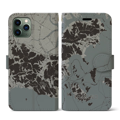 【玉野（岡山県）】地図柄iPhoneケース（手帳タイプ）モノトーン・iPhone 11 Pro 用