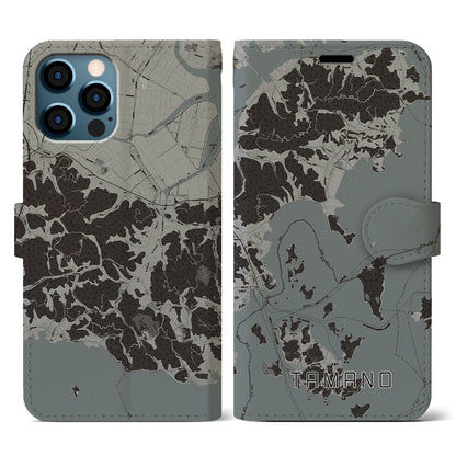 【玉野（岡山県）】地図柄iPhoneケース（手帳タイプ）モノトーン・iPhone 12 / 12 Pro 用