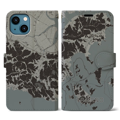 【玉野（岡山県）】地図柄iPhoneケース（手帳タイプ）モノトーン・iPhone 13 用