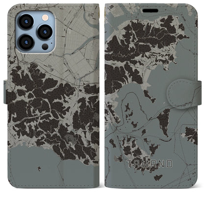 【玉野（岡山県）】地図柄iPhoneケース（手帳タイプ）モノトーン・iPhone 13 Pro Max 用