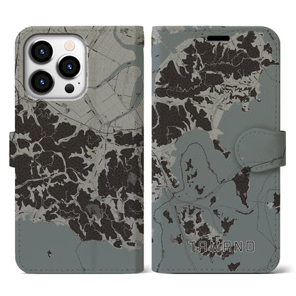 【玉野（岡山県）】地図柄iPhoneケース（手帳タイプ）モノトーン・iPhone 13 Pro 用