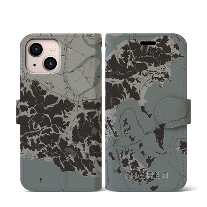 【玉野（岡山県）】地図柄iPhoneケース（手帳タイプ）モノトーン・iPhone 13 mini 用