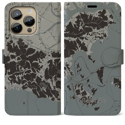 【玉野（岡山県）】地図柄iPhoneケース（手帳タイプ）モノトーン・iPhone 14 Pro Max 用