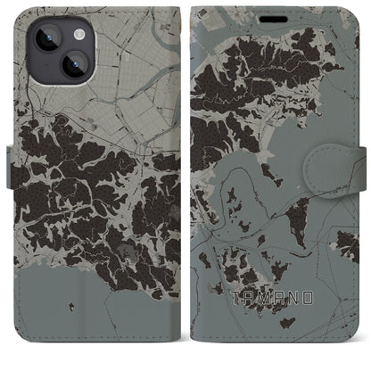 【玉野（岡山県）】地図柄iPhoneケース（手帳タイプ）モノトーン・iPhone 14 Plus 用