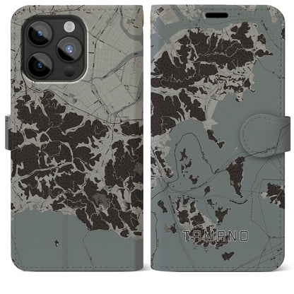 【玉野（岡山県）】地図柄iPhoneケース（手帳タイプ）モノトーン・iPhone 15 Pro Max 用