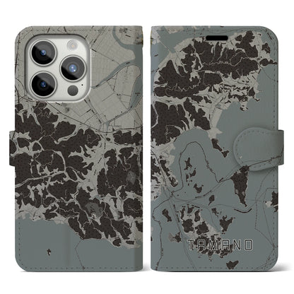 【玉野（岡山県）】地図柄iPhoneケース（手帳タイプ）モノトーン・iPhone 15 Pro 用