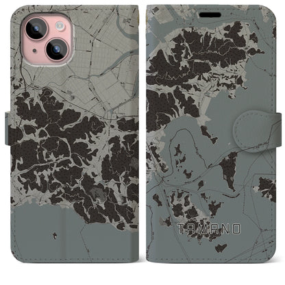 【玉野（岡山県）】地図柄iPhoneケース（手帳タイプ）モノトーン・iPhone 15 Plus 用