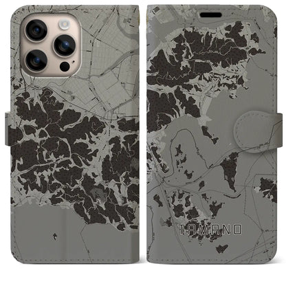 【玉野（岡山県）】地図柄iPhoneケース（手帳タイプ）モノトーン・iPhone 16 Plus 用