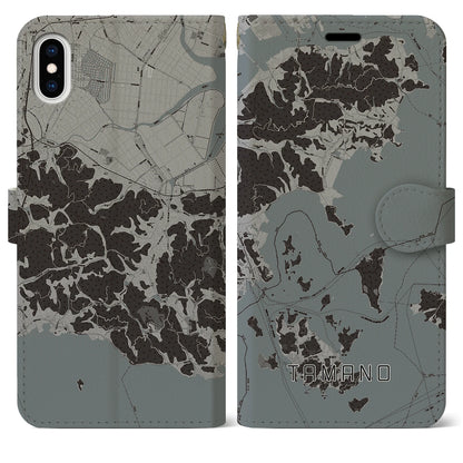 【玉野（岡山県）】地図柄iPhoneケース（手帳タイプ）モノトーン・iPhone XS Max 用