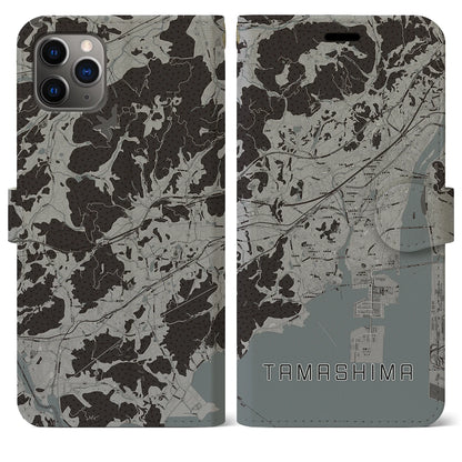 【玉島（岡山県）】地図柄iPhoneケース（手帳タイプ）モノトーン・iPhone 11 Pro Max 用