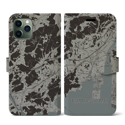 【玉島（岡山県）】地図柄iPhoneケース（手帳タイプ）モノトーン・iPhone 11 Pro 用