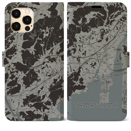 【玉島（岡山県）】地図柄iPhoneケース（手帳タイプ）モノトーン・iPhone 12 Pro Max 用