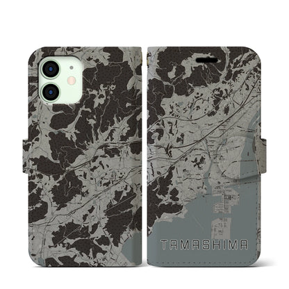 【玉島（岡山県）】地図柄iPhoneケース（手帳タイプ）モノトーン・iPhone 12 mini 用