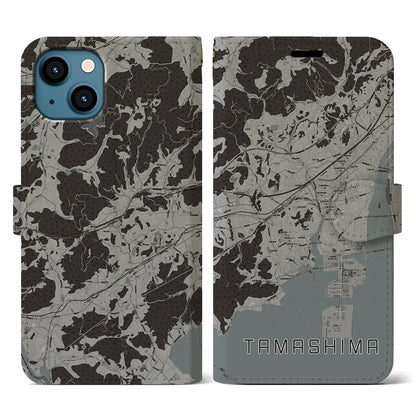 【玉島（岡山県）】地図柄iPhoneケース（手帳タイプ）モノトーン・iPhone 13 用