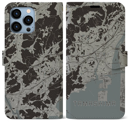 【玉島（岡山県）】地図柄iPhoneケース（手帳タイプ）モノトーン・iPhone 13 Pro Max 用