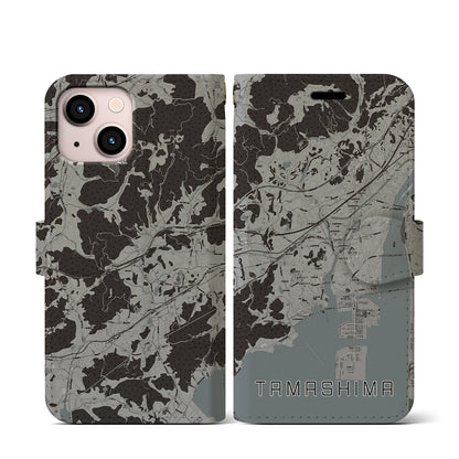 【玉島（岡山県）】地図柄iPhoneケース（手帳タイプ）モノトーン・iPhone 13 mini 用