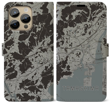 【玉島（岡山県）】地図柄iPhoneケース（手帳タイプ）モノトーン・iPhone 14 Pro Max 用