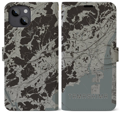 【玉島（岡山県）】地図柄iPhoneケース（手帳タイプ）モノトーン・iPhone 14 Plus 用