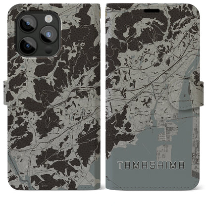 【玉島（岡山県）】地図柄iPhoneケース（手帳タイプ）モノトーン・iPhone 15 Pro Max 用