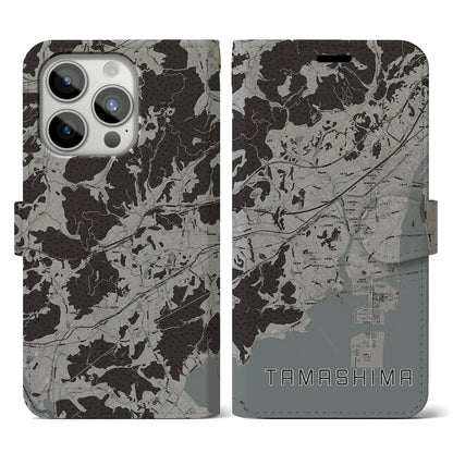 【玉島（岡山県）】地図柄iPhoneケース（手帳タイプ）モノトーン・iPhone 15 Pro 用