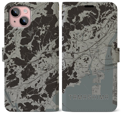 【玉島（岡山県）】地図柄iPhoneケース（手帳タイプ）モノトーン・iPhone 15 Plus 用