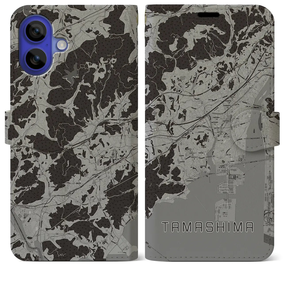 【玉島(岡山県)】地図柄iPhoneケース(手帳タイプ)モノトーン・iPhone 16 Pro Max 用