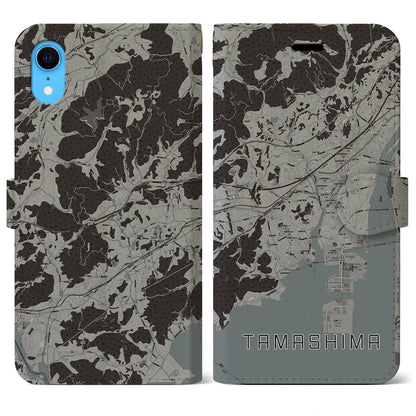 【玉島（岡山県）】地図柄iPhoneケース（手帳タイプ）モノトーン・iPhone XR 用