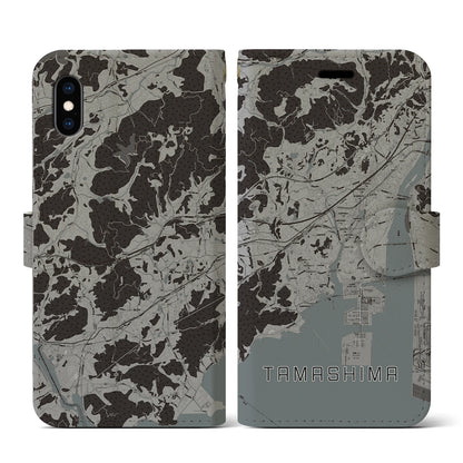 【玉島（岡山県）】地図柄iPhoneケース（手帳タイプ）モノトーン・iPhone XS / X 用