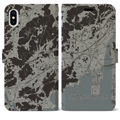 【玉島（岡山県）】地図柄iPhoneケース（手帳タイプ）モノトーン・iPhone XS Max 用