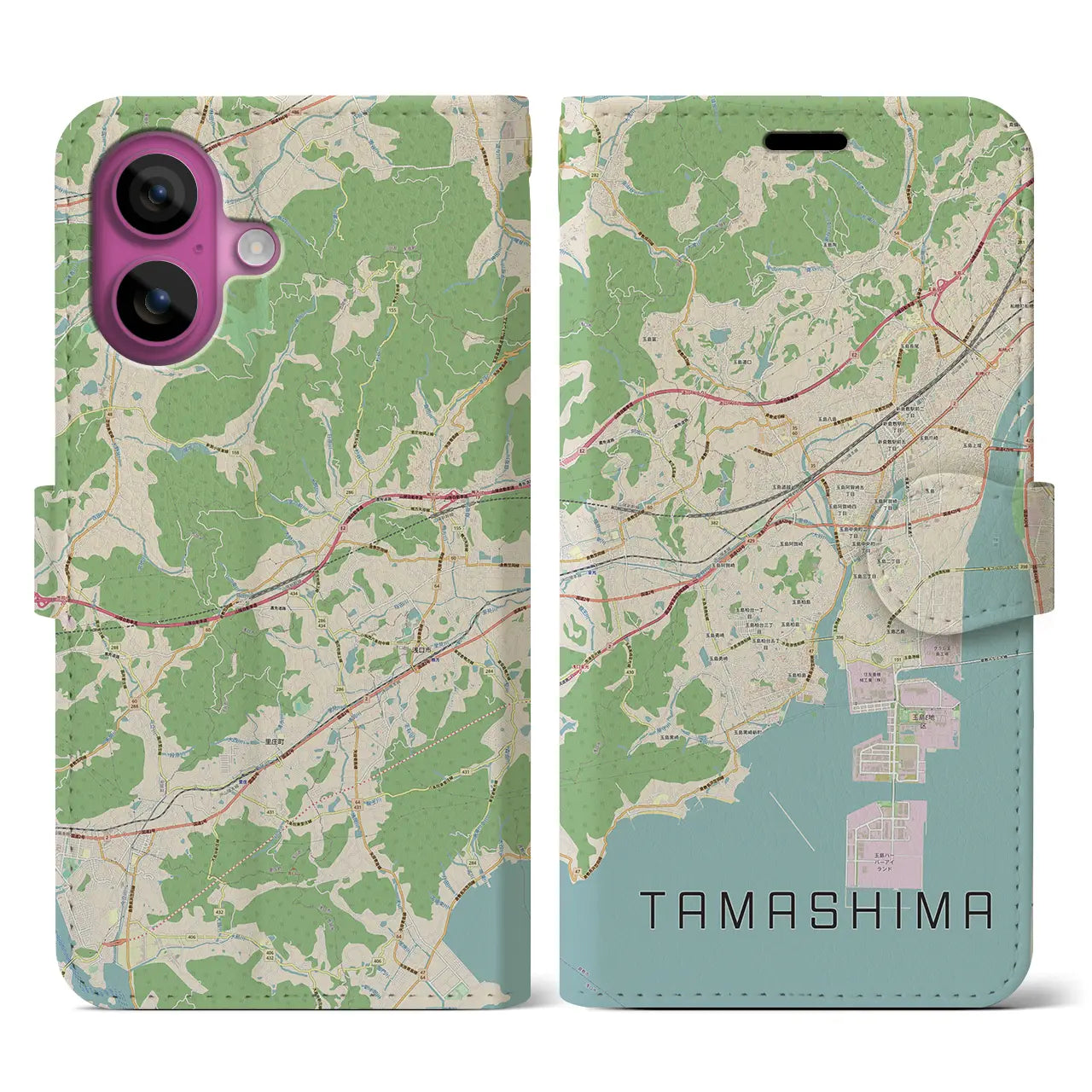 【玉島（岡山県）】地図柄iPhoneケース（手帳タイプ）ナチュラル・iPhone 16 Pro 用