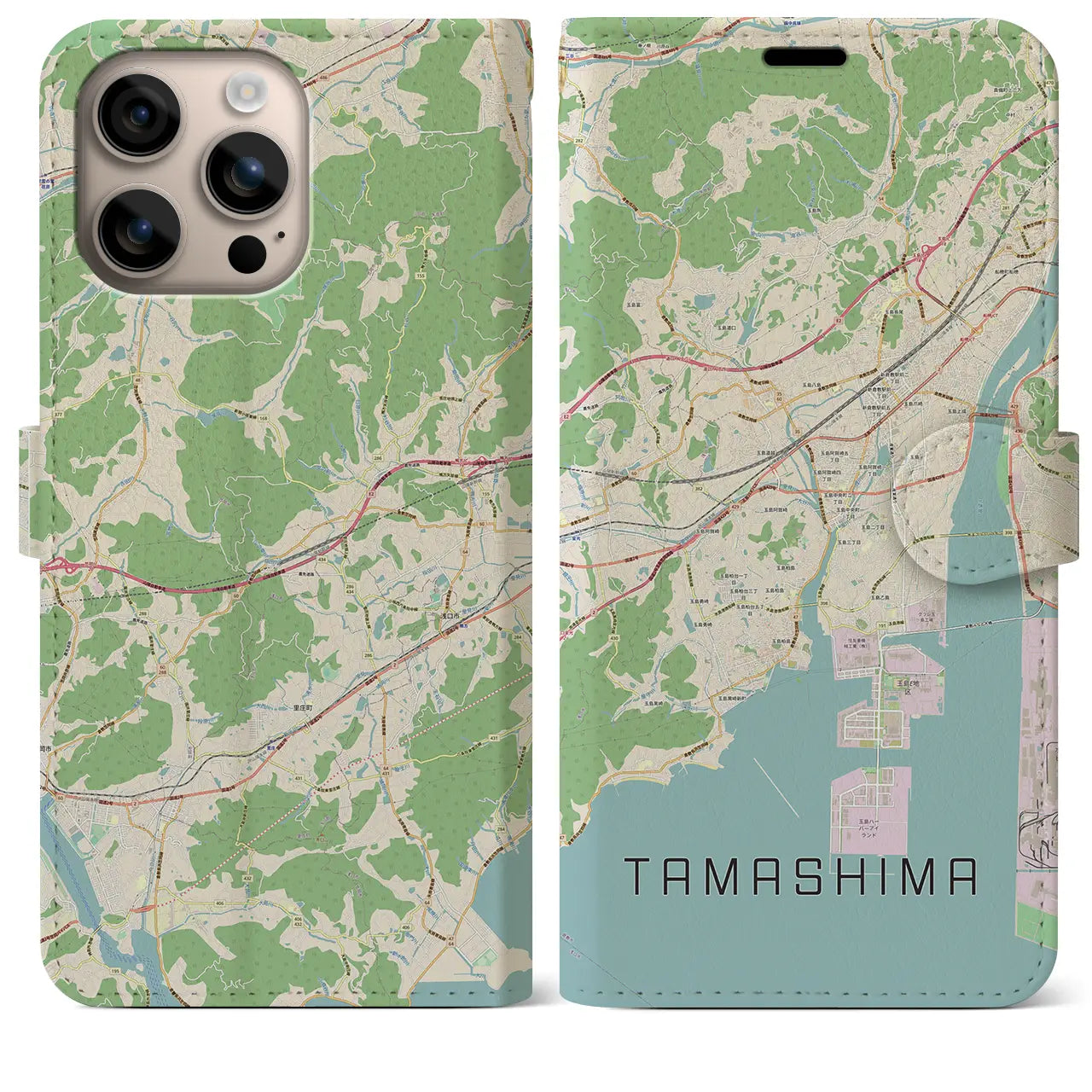 【玉島（岡山県）】地図柄iPhoneケース（手帳タイプ）ナチュラル・iPhone 16 Plus 用