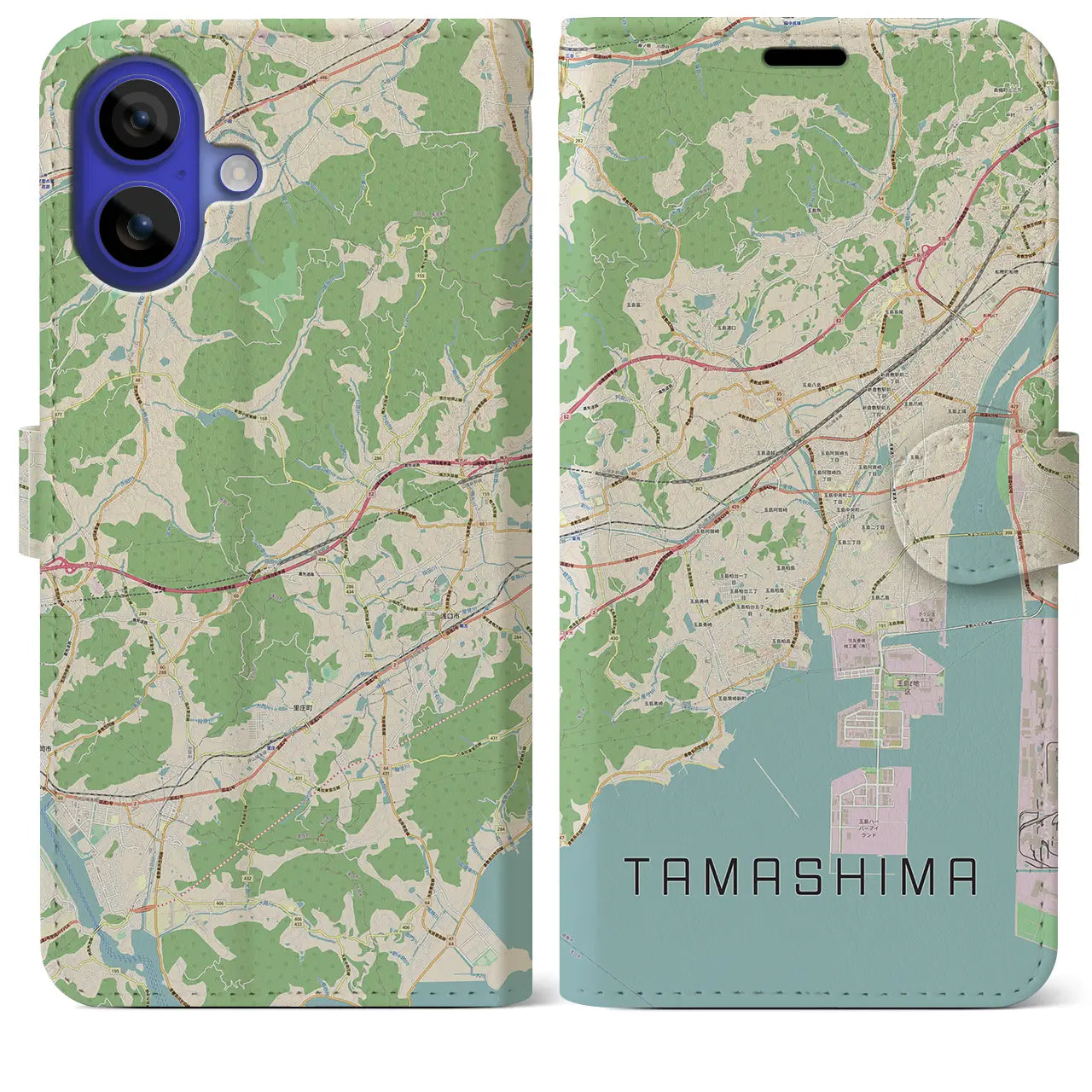 【玉島（岡山県）】地図柄iPhoneケース（手帳タイプ）ナチュラル・iPhone 16 Pro Max 用