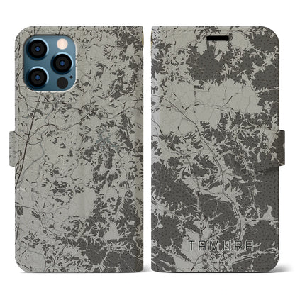 【田村（福島県）】地図柄iPhoneケース（手帳タイプ）モノトーン・iPhone 12 / 12 Pro 用