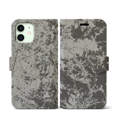 【田村（福島県）】地図柄iPhoneケース（手帳タイプ）モノトーン・iPhone 12 mini 用