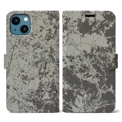 【田村（福島県）】地図柄iPhoneケース（手帳タイプ）モノトーン・iPhone 13 用