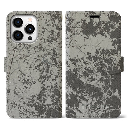 【田村（福島県）】地図柄iPhoneケース（手帳タイプ）モノトーン・iPhone 13 Pro 用