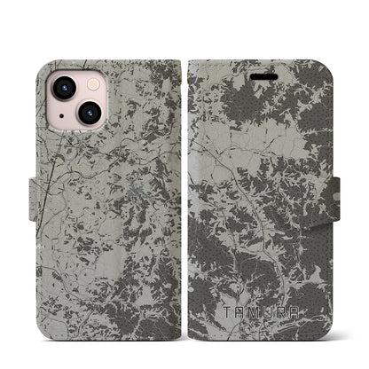 【田村（福島県）】地図柄iPhoneケース（手帳タイプ）モノトーン・iPhone 13 mini 用