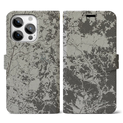 【田村（福島県）】地図柄iPhoneケース（手帳タイプ）モノトーン・iPhone 14 Pro 用