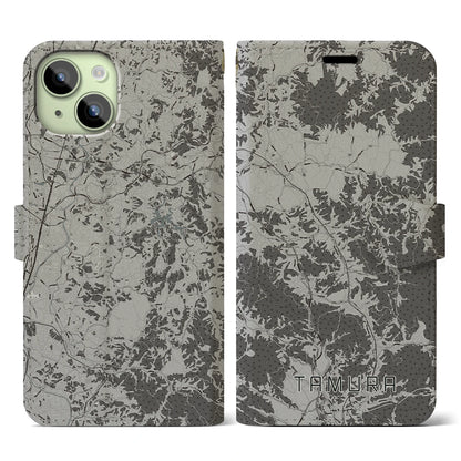 【田村（福島県）】地図柄iPhoneケース（手帳タイプ）モノトーン・iPhone 15 用