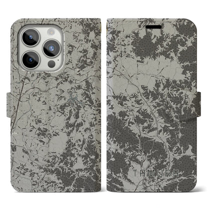 【田村（福島県）】地図柄iPhoneケース（手帳タイプ）モノトーン・iPhone 15 Pro 用