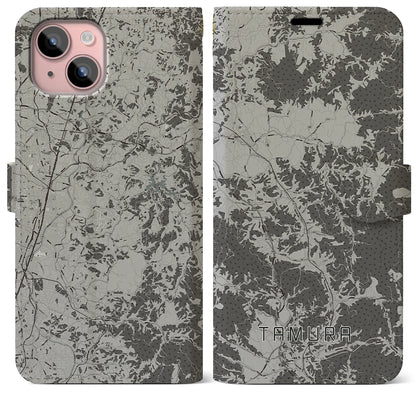 【田村（福島県）】地図柄iPhoneケース（手帳タイプ）モノトーン・iPhone 15 Plus 用