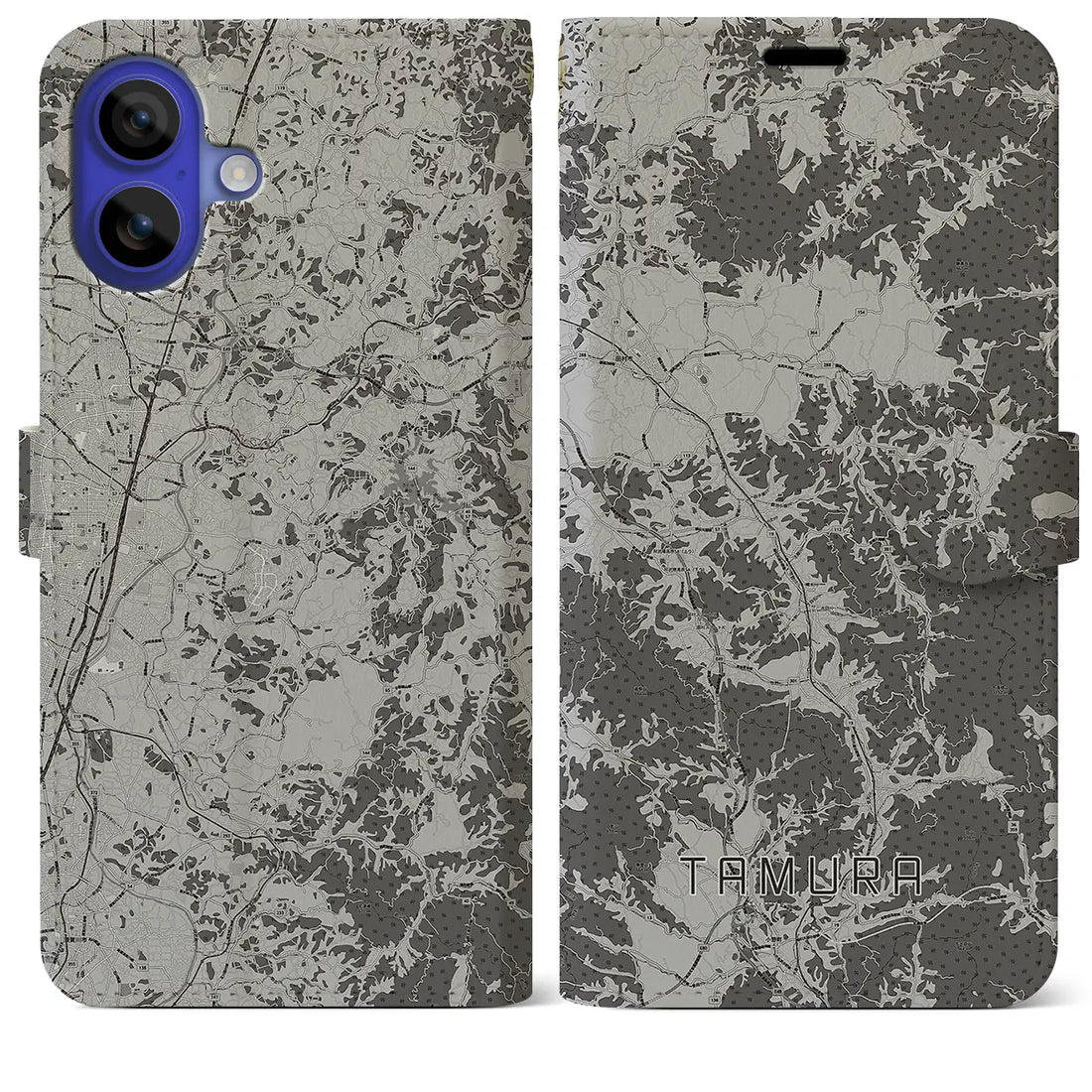 【田村(福島県)】地図柄iPhoneケース(手帳タイプ)モノトーン・iPhone 16 Pro Max 用