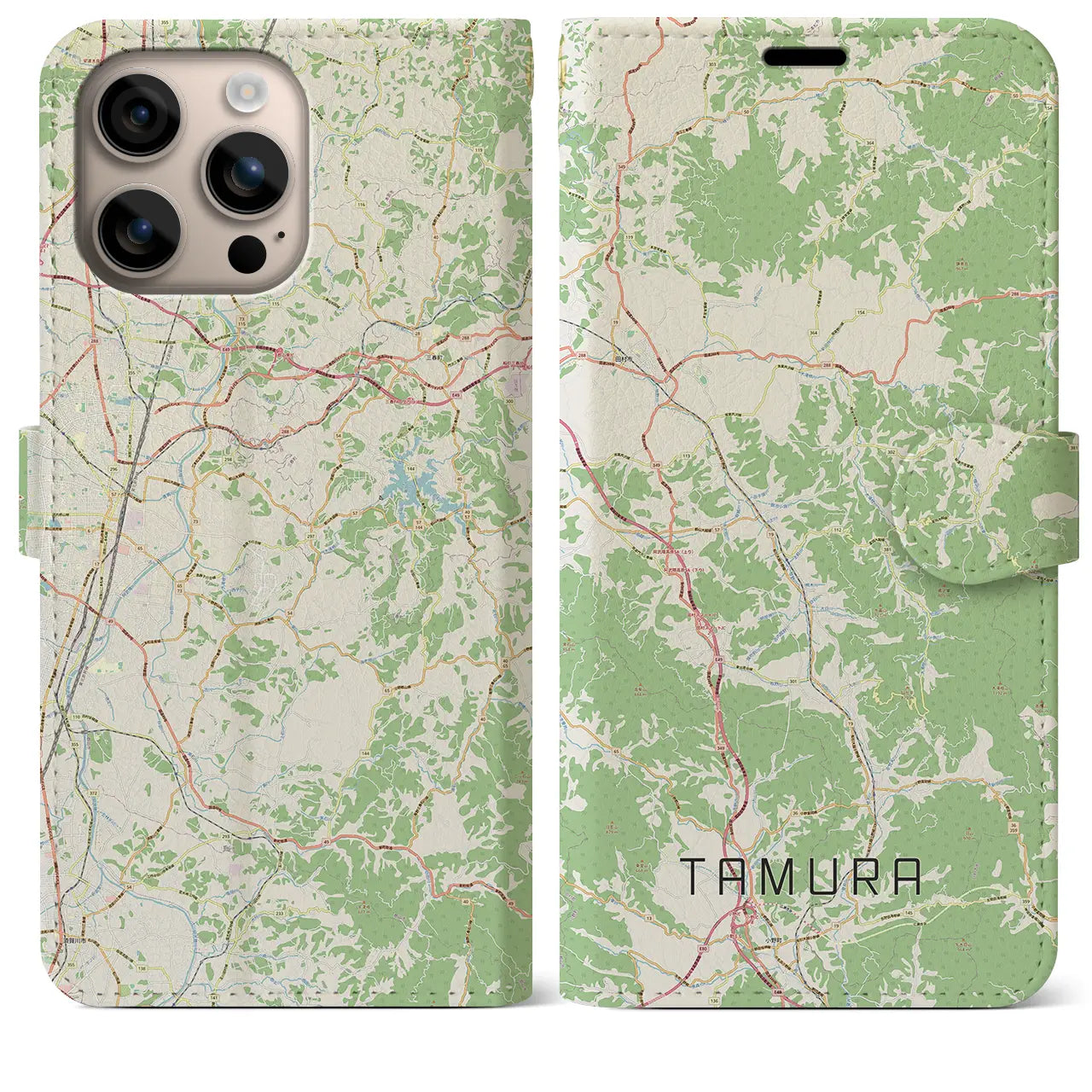 【田村（福島県）】地図柄iPhoneケース（手帳タイプ）ナチュラル・iPhone 16 Plus 用