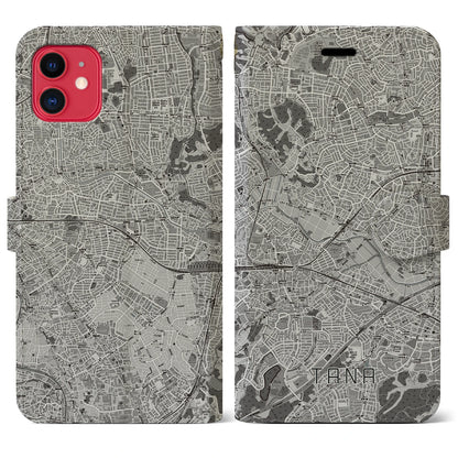 【田奈（神奈川県）】地図柄iPhoneケース（手帳タイプ）モノトーン・iPhone 11 用