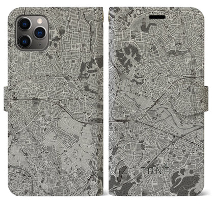 【田奈（神奈川県）】地図柄iPhoneケース（手帳タイプ）モノトーン・iPhone 11 Pro Max 用