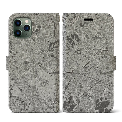 【田奈（神奈川県）】地図柄iPhoneケース（手帳タイプ）モノトーン・iPhone 11 Pro 用