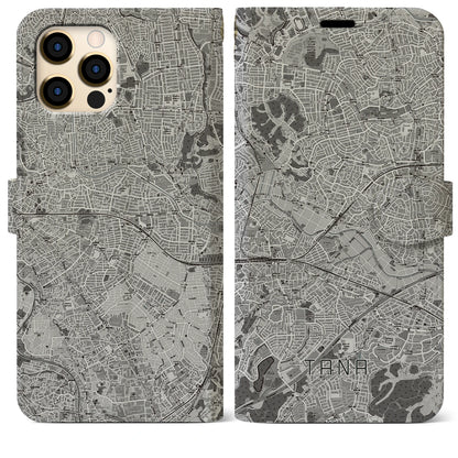 【田奈（神奈川県）】地図柄iPhoneケース（手帳タイプ）モノトーン・iPhone 12 Pro Max 用