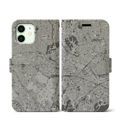 【田奈（神奈川県）】地図柄iPhoneケース（手帳タイプ）モノトーン・iPhone 12 mini 用