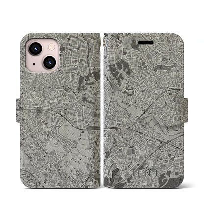 【田奈（神奈川県）】地図柄iPhoneケース（手帳タイプ）モノトーン・iPhone 13 mini 用